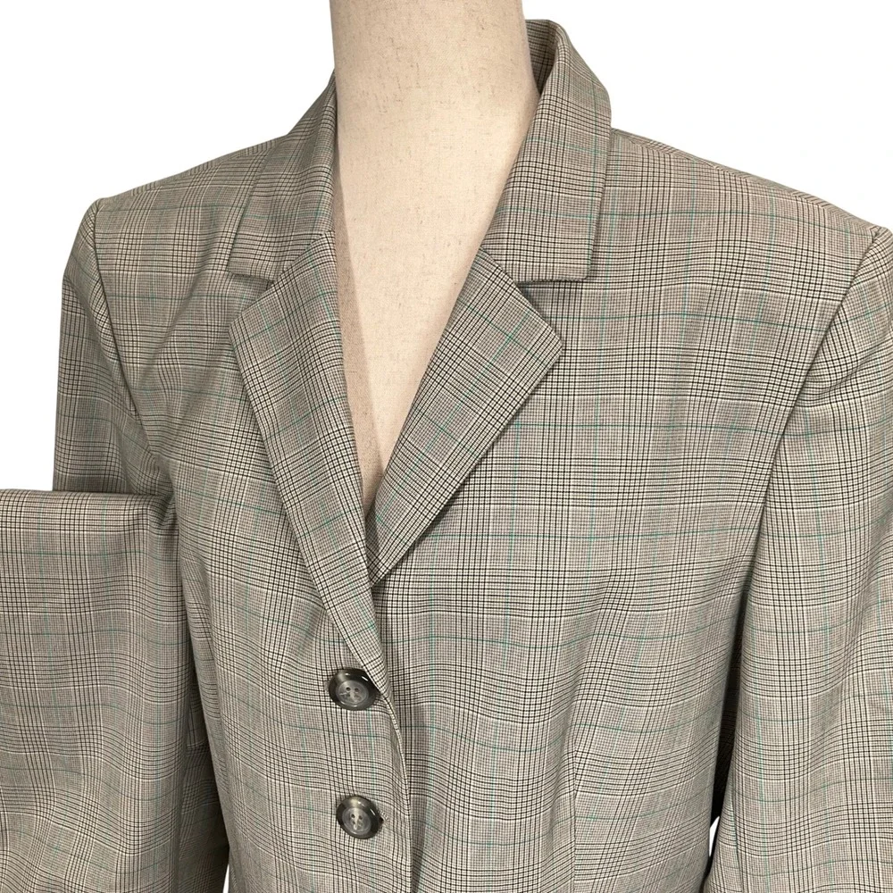 Evan Picone Skirt Suit Womens 16 Beige Turquoise Glen Plaid 2 pc Business Office